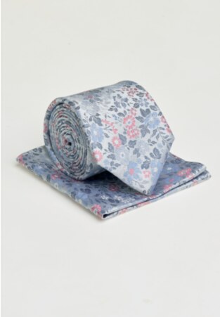 Pale Blue Subtle Floral Pure Silk Tie and Pocket Square Set