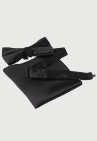 Black Plain Silk Bow Tie & Pocket Square Set