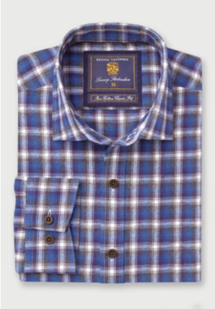 Tailored Fit Blue Check Melange Cotton 33.5" Sleeve Cotton Shirt