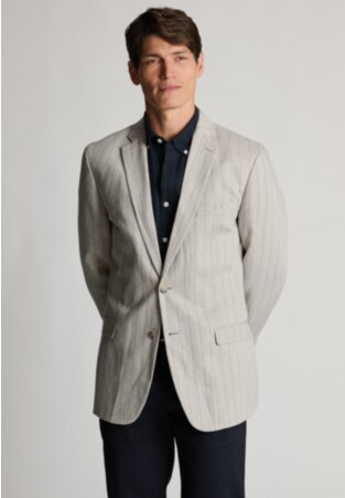 Regular Fit Embsay Oatmeal Wide Butchers Stripe Cotton Linen Jacket