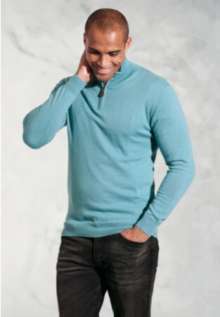 Sussex Aqua Cotton Merino Quarter Zip Jumper