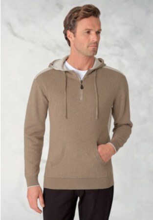 Donne Pure Cotton Sand Knitted Quarter Zip Hoodie