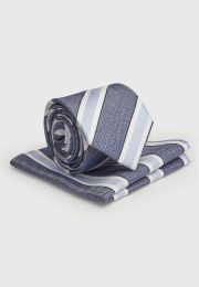 Blue Striped Silk Blend Tie and Hanky Set