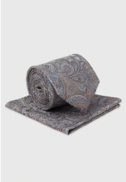 Silver Grey Paisley Silk Tie & Hanky Set