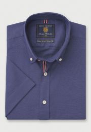 Tailored Fit Dark Blue Stretch Oxford Cotton Short Sleeve Shirt