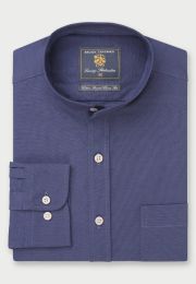 Regular Fit Dark Blue Stretch Oxford Cotton Grandad Collar Shirt
