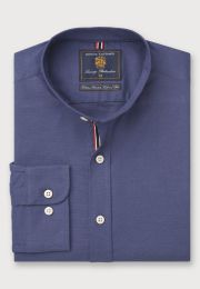 Tailored Fit Dark Blue Stretch Oxford Cotton Grandad Collar Shirt