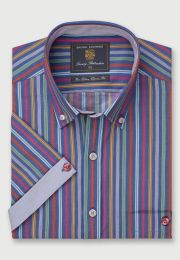 Regular Fit Blue with Violet, Apple Stripe Short Sleeve Cotton Shirt
