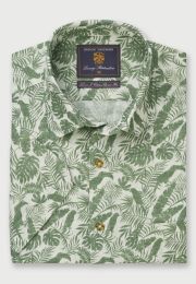 Regular Fit Sage Leaf Print Short Sleeve Linen Cotton Shirt