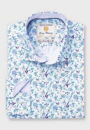 Regular Fit Blue and Purple Floral Print Cotton Stretch Shirt