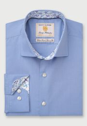 Tailored Fit Mid Blue Herringbone Cotton Stretch Shirt