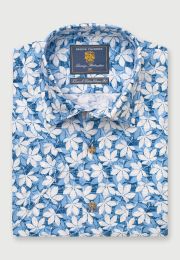 Regular Fit Blue Floral Print Linen Cotton Short Sleeve Shirt