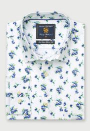 Regular Fit White with Plums Print Cotton Shirt