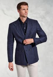 Tailored Fit Costner Navy Pure Linen Double Breasted Jacket