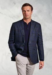 Tailored Fit Pacino Navy Check Pure Linen Peak Lapel Jacket