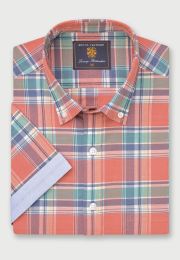 Regular Fit Salmon Check Slub Cotton Short Sleeve Shirts