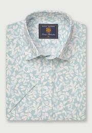 Regular Fit Mint Botanical Leaf Print Slub Cotton Short Sleeve Shirt