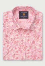 Regular Fit Pink Botanical Palm Print Slub Cotton Short Sleeve Shirt