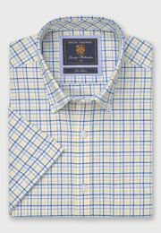 Regular Fit Lemon Tattersall Check Oxford Cotton Short Sleeve Shirt