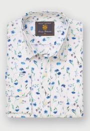 Regular Fit Blue Wildflower Watercolour Linen Cotton Shirt