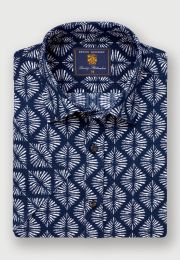 Regular Fit Navy Geometric Print Seersucker Short Sleeve Shirt