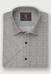 Regular Fit Khaki Geometric Print Seersucker Short Sleeve Shirt