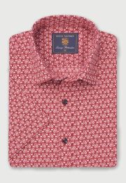 Regular Fit Wine Geometric Print Slub Cotton Short Sleeve Shirt