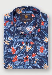 Regular Fit Navy Bird of Paradise Tropical Print Short Sleeve Shirt