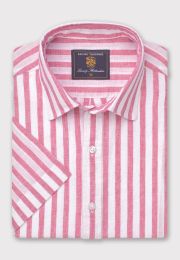 Regular Fit Magenta Stripe Pure Linen Short Sleeve Shirt