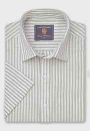 Regular Fit Khaki Stripe Pure Linen Short Sleeve Shirt
