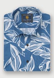 Regular Fit Blue Leaf Print Linen Cotton Short Sleeve Shirt