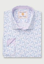 Regular Fit Blue Ditsy Floral Print Stretch Cotton Shirt