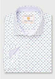 Tailored Fit Turquoise Tiny Fish Print Stretch Cotton Shirt