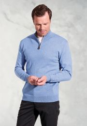 Sussex Sky Blue Cotton Merino Zip Neck Jumper