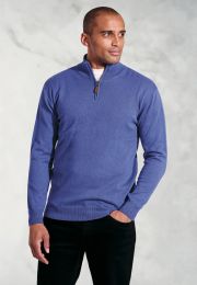 Sussex Electric Blue Cotton Merino Zip Neck Jumper