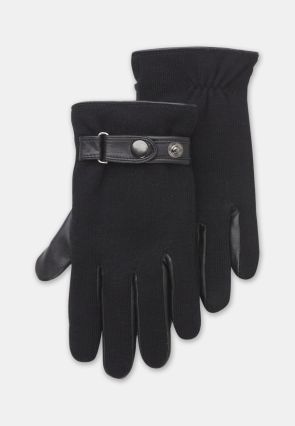 Black Knitted Glove with Leather Thumb and Trim