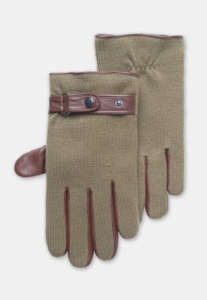 Tan Knitted Glove with Leather Thumb and Trim