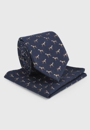 Blue with Brown Small Dog Motif Pure Silk Tie and Hanky Set