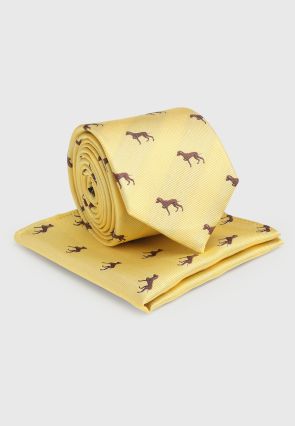 Yellow with Pointer Motif Pure Silk Tie and Hanky Set