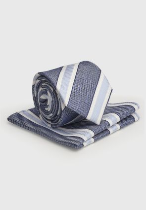 Blue Striped Silk Blend Tie and Hanky Set