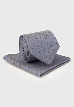 Blue Small Geometric Motif Silk Tie & Hanky Set