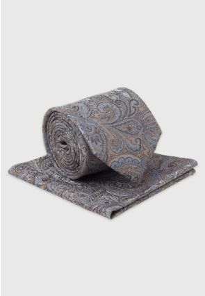 Silver Grey Paisley Silk Tie & Hanky Set