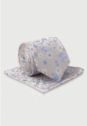 Champagne Subtle Floral Silk Tie & Hanky Set