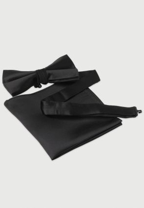 Black Plain Silk Bow Tie & Hanky Set