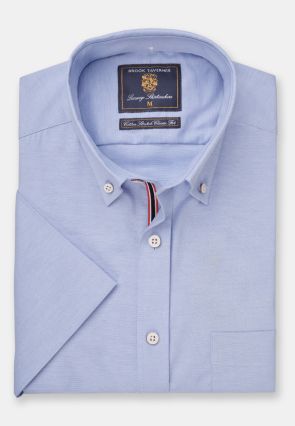 Regular Fit Blue Stretch Oxford Cotton Short Sleeve Shirt