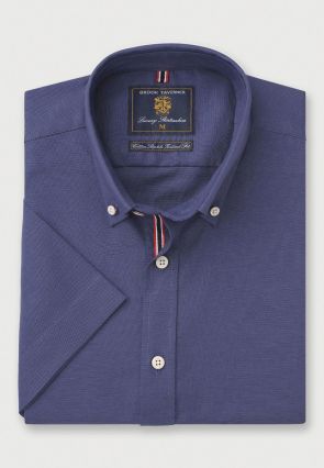 Tailored Fit Dark Blue Stretch Oxford Cotton Short Sleeve Shirt