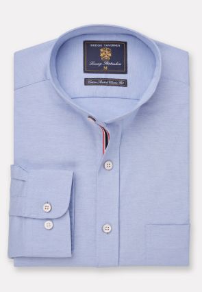 Regular Fit Blue Stretch Oxford Cotton Grandad Collar Shirt
