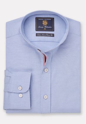 Tailored Fit Blue Stretch Oxford Cotton Grandad Collar Shirt