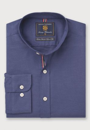 Tailored Fit Dark Blue Stretch Oxford Cotton Grandad Collar Shirt