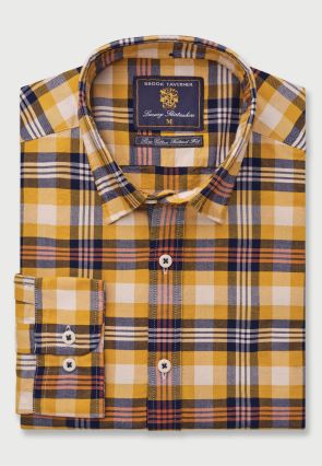 Tailored Fit Gold, Navy and Ginger Check Washed Oxford Cotton Shirt